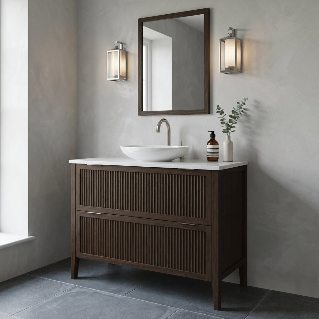 Mockridge Design Clifton 1000mm floor-standing single vanity in dark roast stained oak with deep espresso grain figuring and vertical fluted drawer fronts set within shaker frame borders, Calacatta quartz worktop, oval ceramic sit-on basin and brushed nickel deck-mounted vessel mixer tap, styled in a refined moody English bathroom with pale dove grey lime-washed plaster walls and honed Belgian bluestone floor
