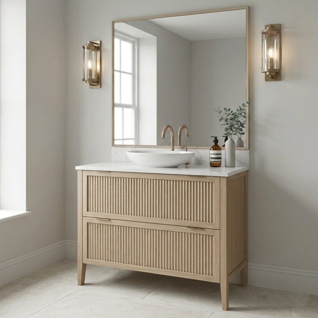 Mockridge Design Clifton 1000mm floor-standing single vanity in smoke 5% stained oak with warm mid-pale tone softened by a defining cool smoky wash revealing oak grain figuring across vertical fluted drawer fronts set within shaker frame borders, Calacatta quartz worktop, oval ceramic sit-on basin and brushed brass deck-mounted vessel mixer tap, styled in a calm contemporary English bathroom with soft pale dove-grey walls and pale honed limestone floor