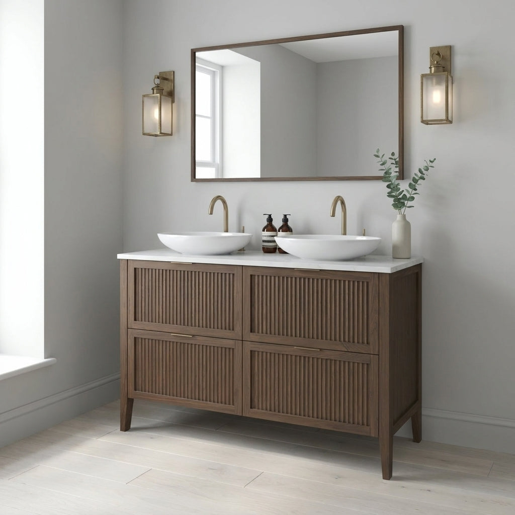 Mockridge Design Clifton 1200mm floor-standing double vanity in chocolate stained oak with smoky mid-brown grain figuring and vertical fluted drawer fronts set within shaker frame borders, Calacatta quartz worktop, twin oval ceramic sit-on basins and twin brushed brass deck-mounted vessel mixer taps, styled in a calm contemporary English bathroom with soft light grey walls and pale Scandi oak floor