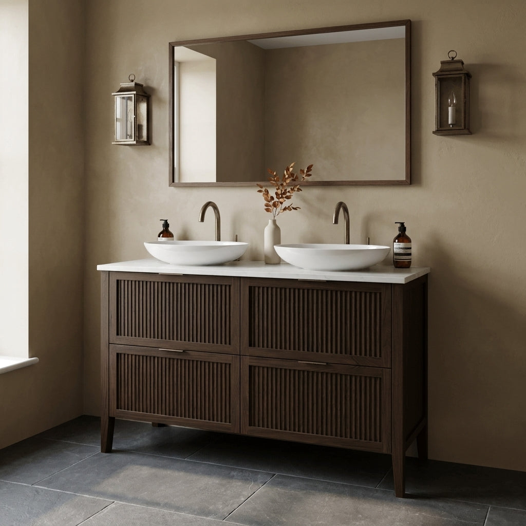 Mockridge Design Clifton 1200mm floor-standing double vanity in espresso stained oak with deep warm chocolate-brown grain figuring and vertical fluted drawer fronts set within shaker frame borders, Calacatta quartz worktop, twin oval ceramic sit-on basins and twin brushed antique brass deck-mounted vessel mixer taps, styled in an enveloping English bathroom with warm rich putty lime-washed plaster walls and honed dark grey limestone floor