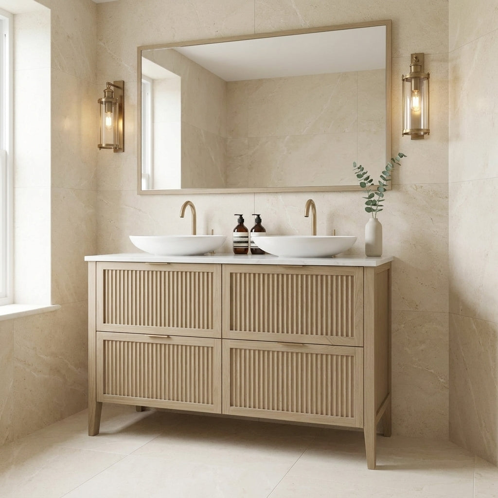 Mockridge Design Clifton 1200mm floor-standing double vanity in macchiato stained oak with soft milky-coffee tone and visible grain figuring across vertical fluted drawer fronts set within shaker frame borders, Calacatta quartz worktop, twin oval ceramic sit-on basins and twin brushed brass deck-mounted vessel mixer taps, styled in a calm contemporary English bathroom with warm cream limestone walls and pale honed limestone floor lit by diffuse ambient daylight