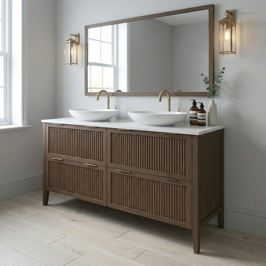 Mockridge Design Clifton 1400mm floor-standing double vanity in chocolate stained oak with smoky mid-brown grain figuring and vertical fluted drawer fronts set within shaker frame borders, Calacatta quartz worktop, twin oval ceramic sit-on basins and twin brushed brass deck-mounted vessel mixer taps, styled in a calm contemporary English bathroom with soft light grey walls and pale Scandi oak floor