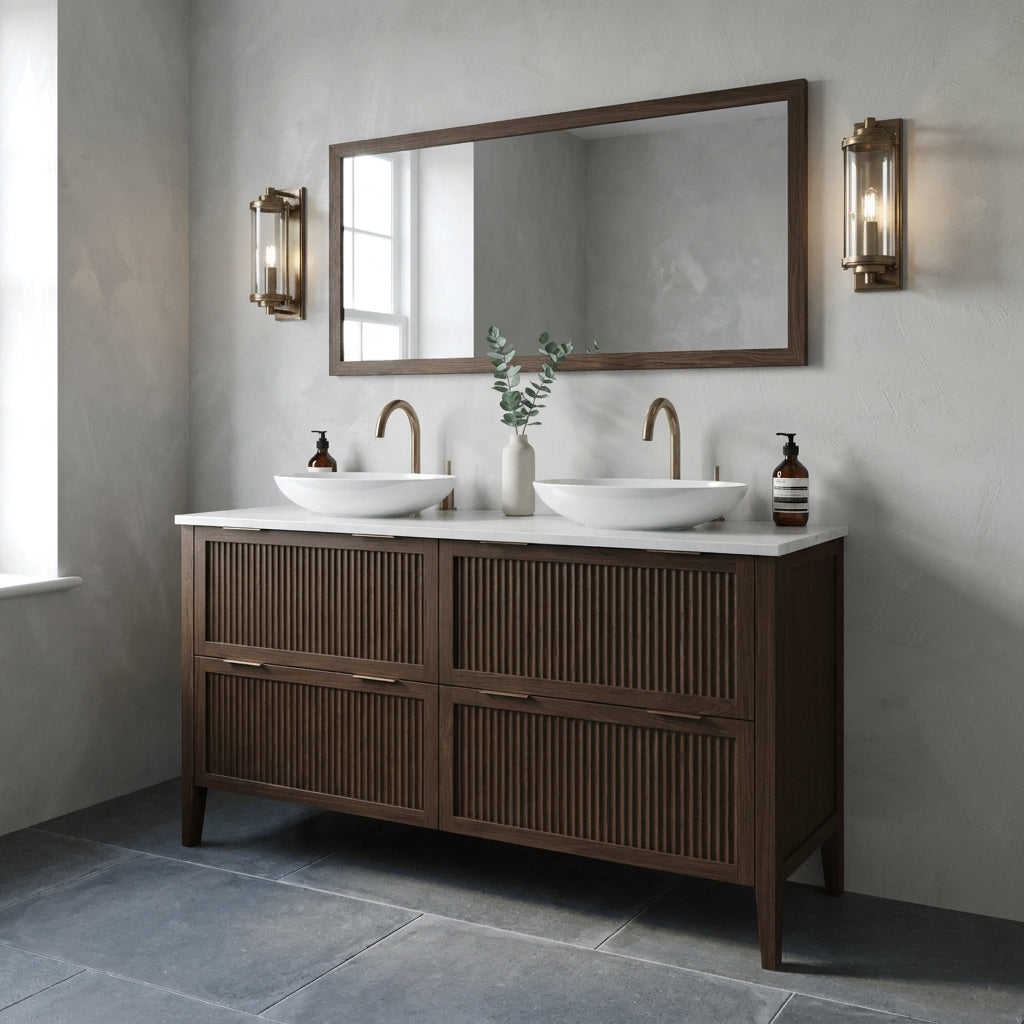 Mockridge Design Clifton 1400mm floor-standing double vanity in dark roast stained oak with deep espresso grain figuring and vertical fluted drawer fronts set within shaker frame borders, Calacatta quartz worktop, twin oval ceramic sit-on basins and twin brushed antique brass deck-mounted vessel mixer taps, styled in a refined moody English bathroom with pale dove grey lime-washed plaster walls and honed Belgian bluestone floor