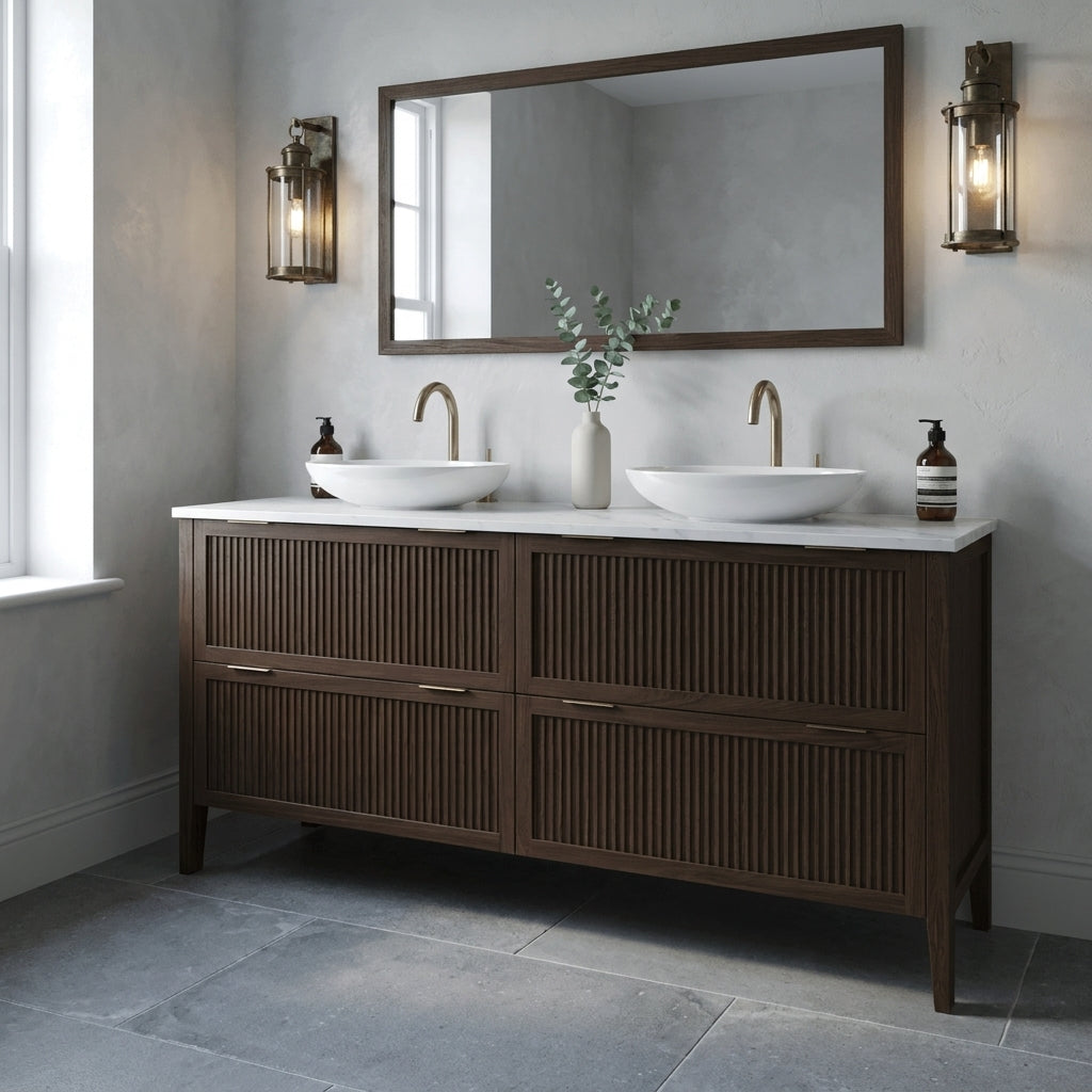 Mockridge Design Clifton 1600mm floor-standing double vanity in dark roast stained oak with deep espresso grain figuring and vertical fluted drawer fronts set within shaker frame borders, Calacatta quartz worktop, twin oval ceramic sit-on basins and twin brushed antique brass deck-mounted vessel mixer taps, styled in a refined moody English bathroom with pale dove grey lime-washed plaster walls and honed Belgian bluestone floor