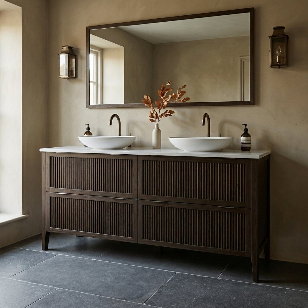 Mockridge Design Clifton 1600mm floor-standing double vanity in espresso stained oak with deep warm chocolate-brown grain figuring and vertical fluted drawer fronts set within shaker frame borders, Calacatta quartz worktop, twin oval ceramic sit-on basins and twin brushed antique brass deck-mounted vessel mixer taps, styled in an enveloping English bathroom with warm rich putty lime-washed plaster walls and honed dark grey limestone floor