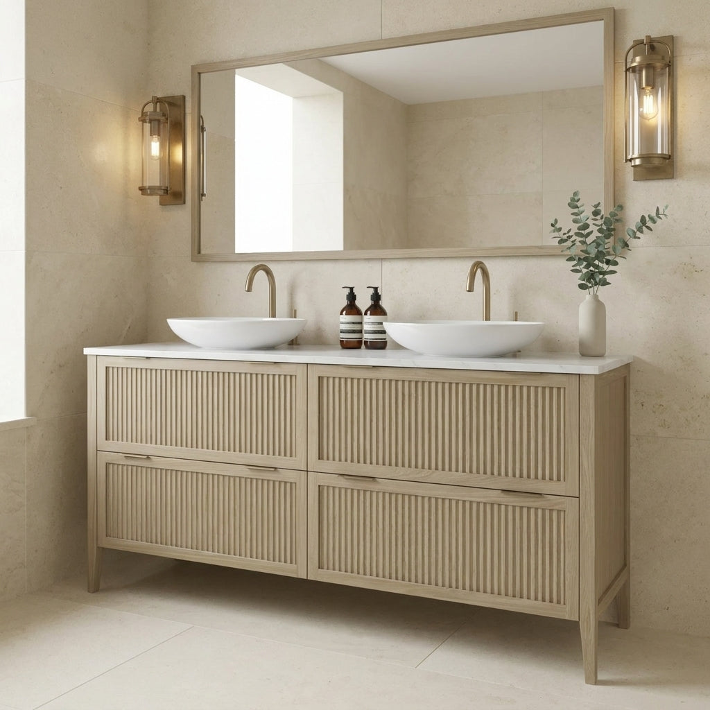 Mockridge Design Clifton 1600mm floor-standing double vanity in macchiato stained oak with pale greige-blonde tone and visible grain figuring across vertical fluted drawer fronts set within shaker frame borders, Calacatta quartz worktop, twin oval ceramic sit-on basins and twin brushed brass deck-mounted vessel mixer taps, styled in a calm contemporary English bathroom with warm cream limestone walls and pale honed limestone floor lit by diffuse ambient daylight