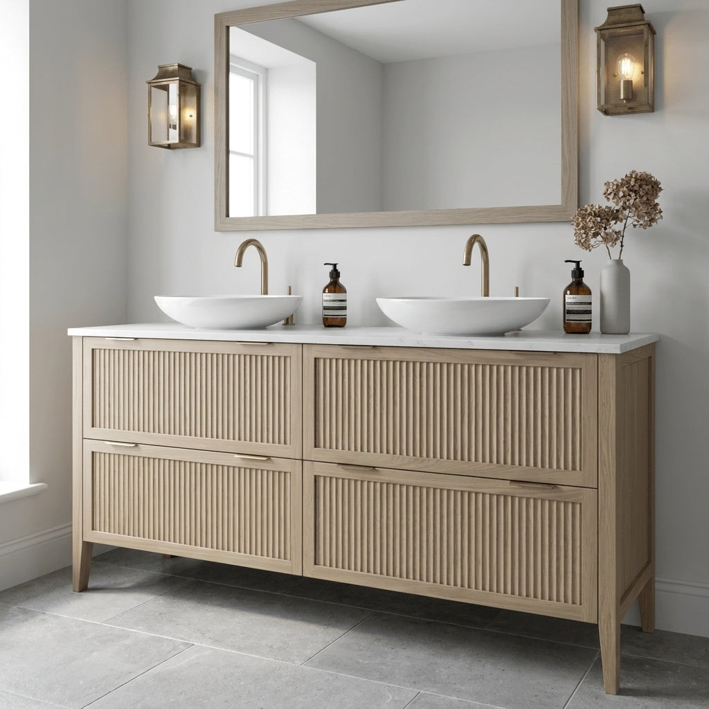 Mockridge Design Clifton 1600mm floor-standing double vanity in Smoke 5% stained oak with soft dusty ash-blonde grain figuring and vertical fluted drawer fronts set within shaker frame borders, Calacatta quartz worktop, twin oval ceramic sit-on basins and twin brushed brass deck-mounted vessel mixer taps, styled in a contemplative English bathroom with pale dove grey walls and honed English limestone floor