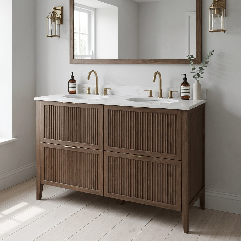 Mockridge Design Clifton 1200mm floor-standing double undermount vanity in chocolate stained oak with smoky mid-brown grain figuring and vertical fluted drawer fronts set within shaker frame borders, Calacatta quartz worktop, twin undermount ceramic basins and twin brushed brass deck-mounted vessel mixer taps, styled in a calm contemporary English bathroom with soft light grey walls and pale Scandi oak floor