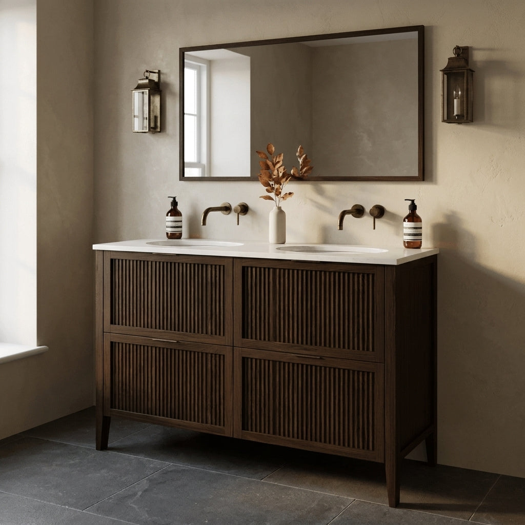 Mockridge Design Clifton 1200mm floor-standing double undermount vanity in espresso stained oak with deep warm chocolate-brown grain figuring and vertical fluted drawer fronts set within shaker frame borders, Calacatta quartz worktop, twin undermount ceramic basins and twin wall-mounted brushed antique brass mixer taps, styled in an enveloping English bathroom with warm rich putty lime-washed plaster walls and honed dark grey limestone floor
