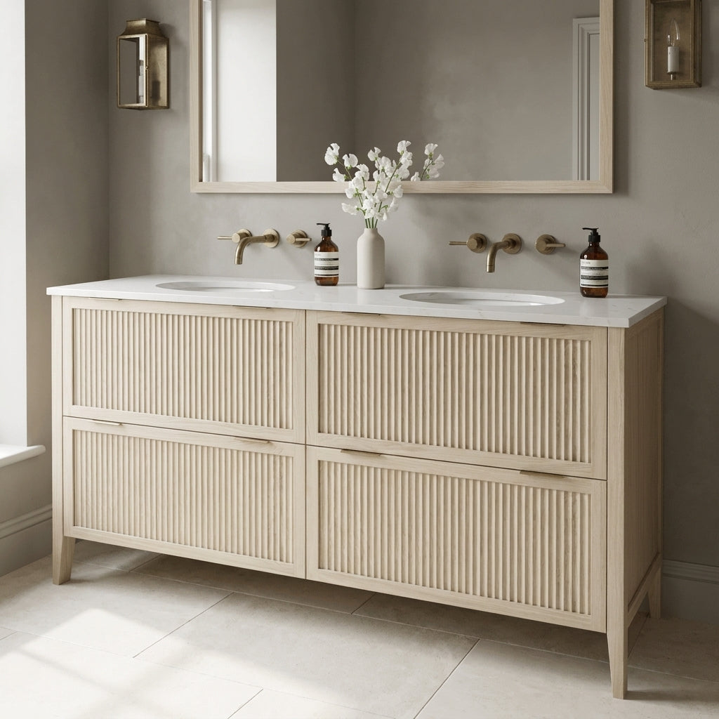 Mockridge Design Clifton 1600mm floor-standing double undermount vanity in white stained oak with soft cream-blonde limed character and prominent vertical grain figuring across vertical fluted drawer fronts set within shaker frame borders, Calacatta quartz worktop with twin integrated undermount basins and twin brushed aged brass wall-mounted mixer taps, styled in a tonally confident English bathroom with mid-greige painted chalky plaster walls and honed pale cream limestone floor