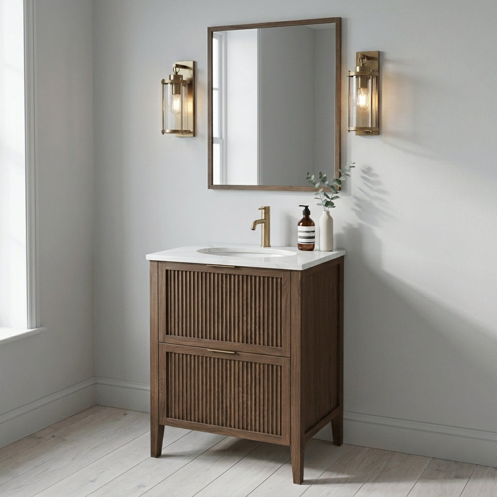 Mockridge Design Clifton 600mm floor-standing single undermount vanity in chocolate stained oak with smoky mid-brown grain figuring and vertical fluted drawer fronts set within shaker frame borders, Calacatta quartz worktop, oval undermount ceramic basin and brushed brass deck-mounted vessel mixer tap, styled in a calm contemporary English bathroom with soft light grey walls and pale Scandi oak floor