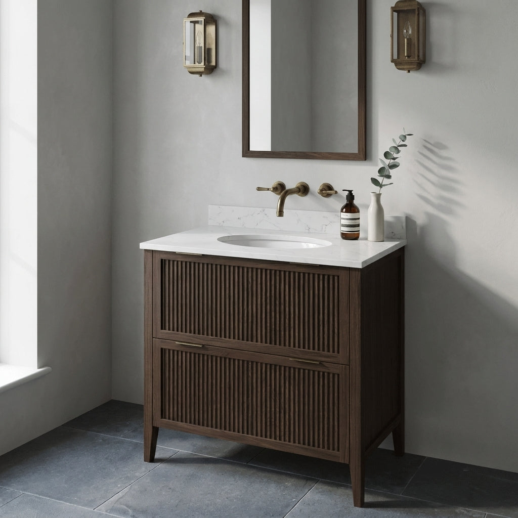 Mockridge Design Clifton 800mm floor-standing single undermount vanity in dark roast stained oak with deep espresso grain figuring and vertical fluted drawer fronts set within shaker frame borders, Calacatta quartz worktop, undermount ceramic basin and wall-mounted brushed antique brass mixer tap, styled in a refined moody English bathroom with pale dove grey lime-washed plaster walls and honed Belgian bluestone floor