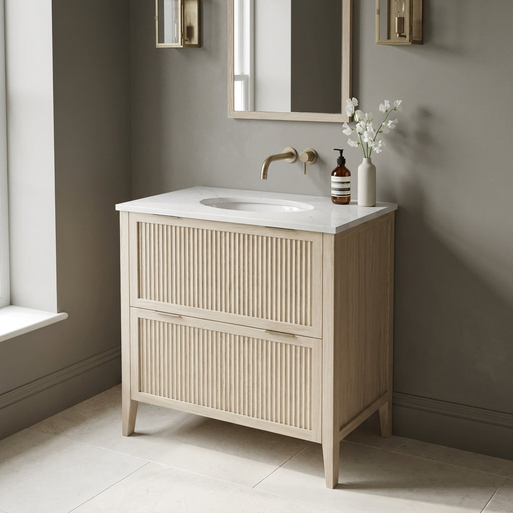 Mockridge Design Clifton 800mm floor-standing single undermount vanity in white stained oak with soft cream-blonde limed character and prominent vertical grain figuring across vertical fluted drawer fronts set within shaker frame borders, Calacatta quartz worktop with integrated undermount basin and brushed aged brass wall-mounted mixer tap, styled in a tonally confident English bathroom with mid-greige painted chalky plaster walls and honed pale cream limestone floor