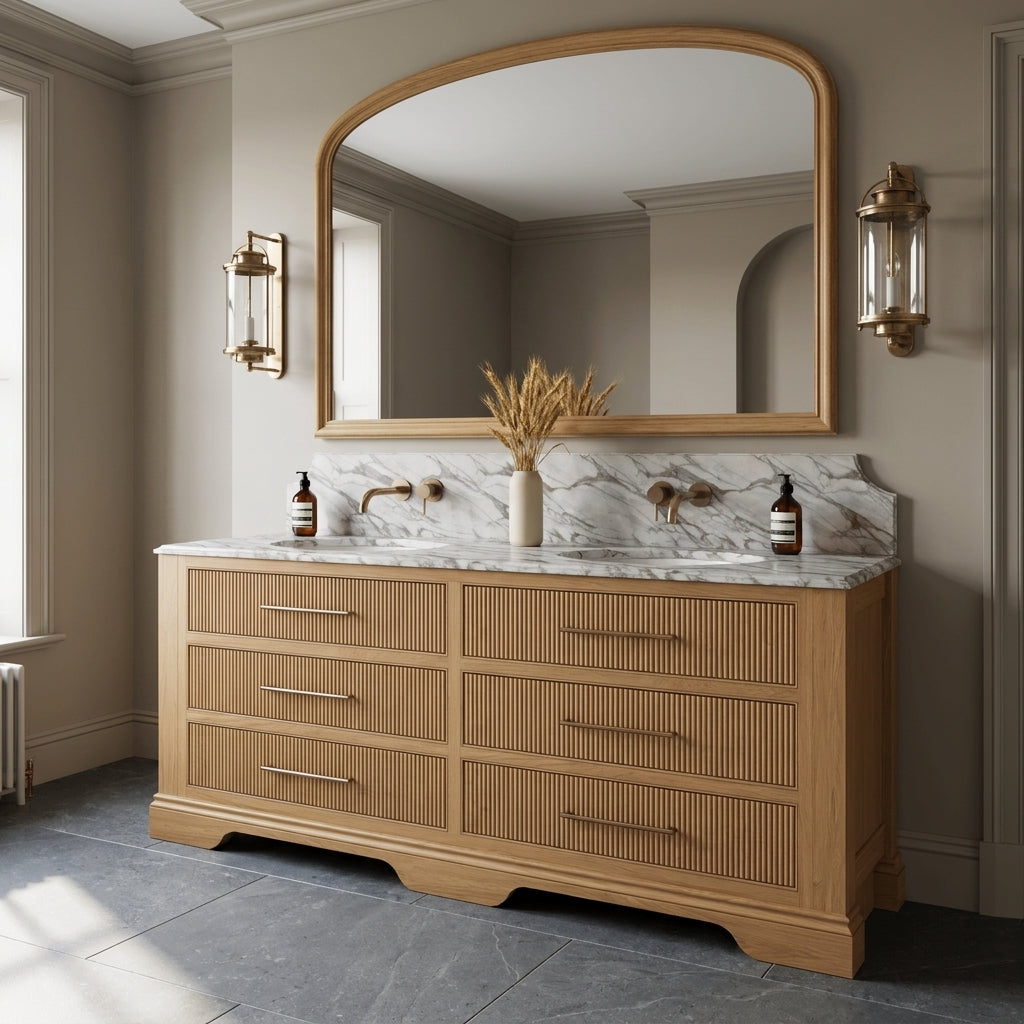 Mockridge Design Kingsbridge 1900mm floor-standing double vanity in natural stained oak with warm honey-blonde grain figuring polished sheen finish and six reeded drawer fronts set within mitred shaker frame borders above a carved bracket-foot plinth base with central arch detail, dramatic shaped Calacatta marble backsplash with concave-and-peak silhouette, twin oval undermount basins and twin two-element warm aged brass wall-mounted mixer taps with separate spouts