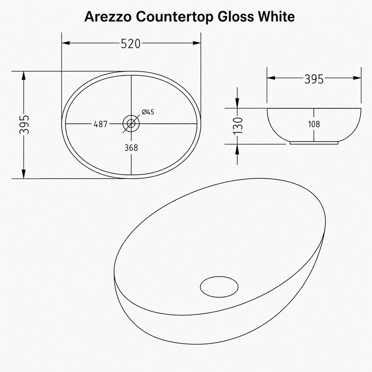 Technical dimensions drawing for Arezzo Oval Curved