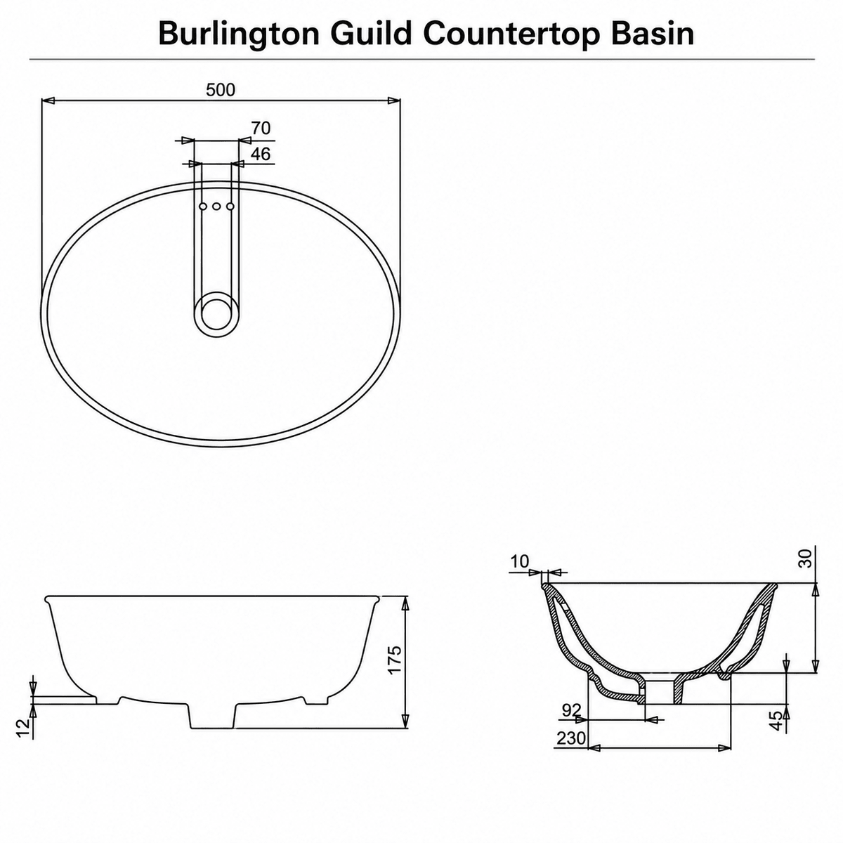 Technical dimensions drawing for Burlington Guild 500mm x 380mm