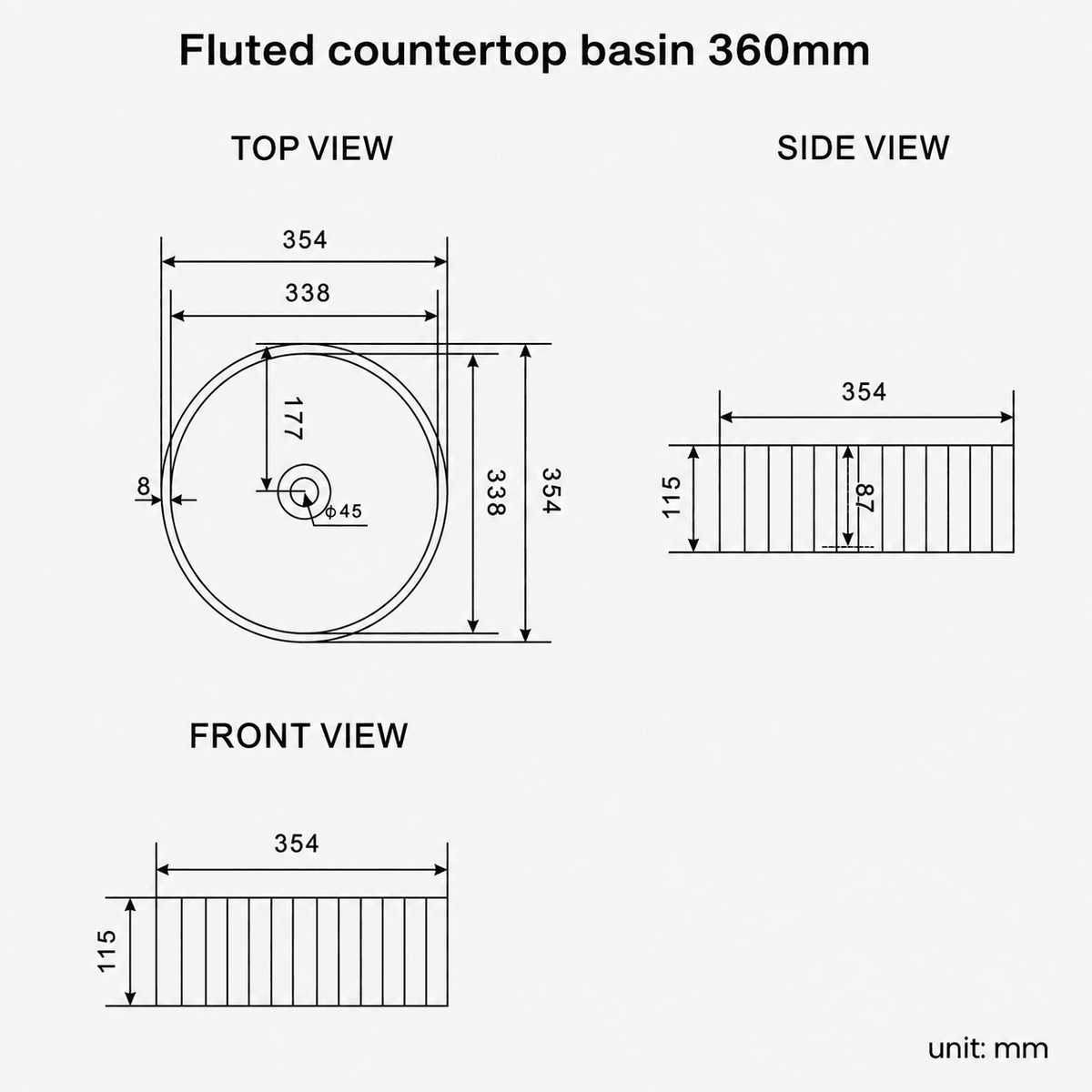 Technical dimensions drawing for Fluted Round 360mm