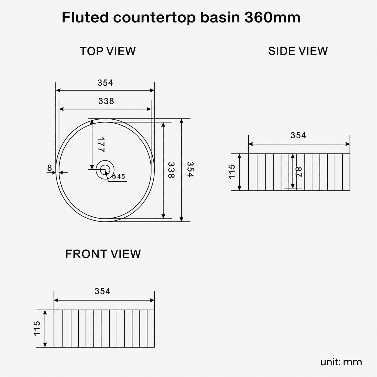 Fluted Round 360mm | Countertop Basin | Ceramic | Gloss White - Mockridge Design