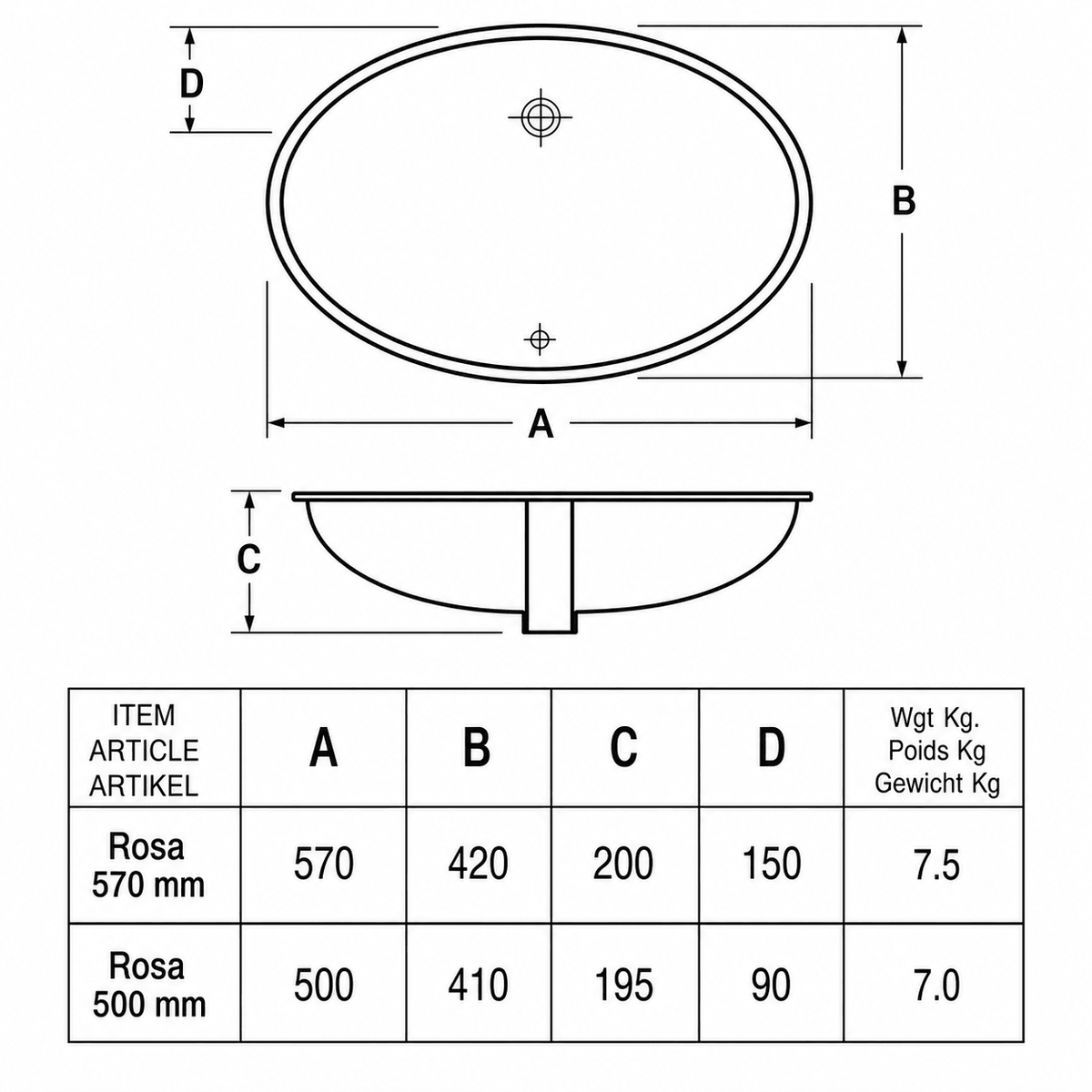 Technical dimensions drawing for Rosa 570mm