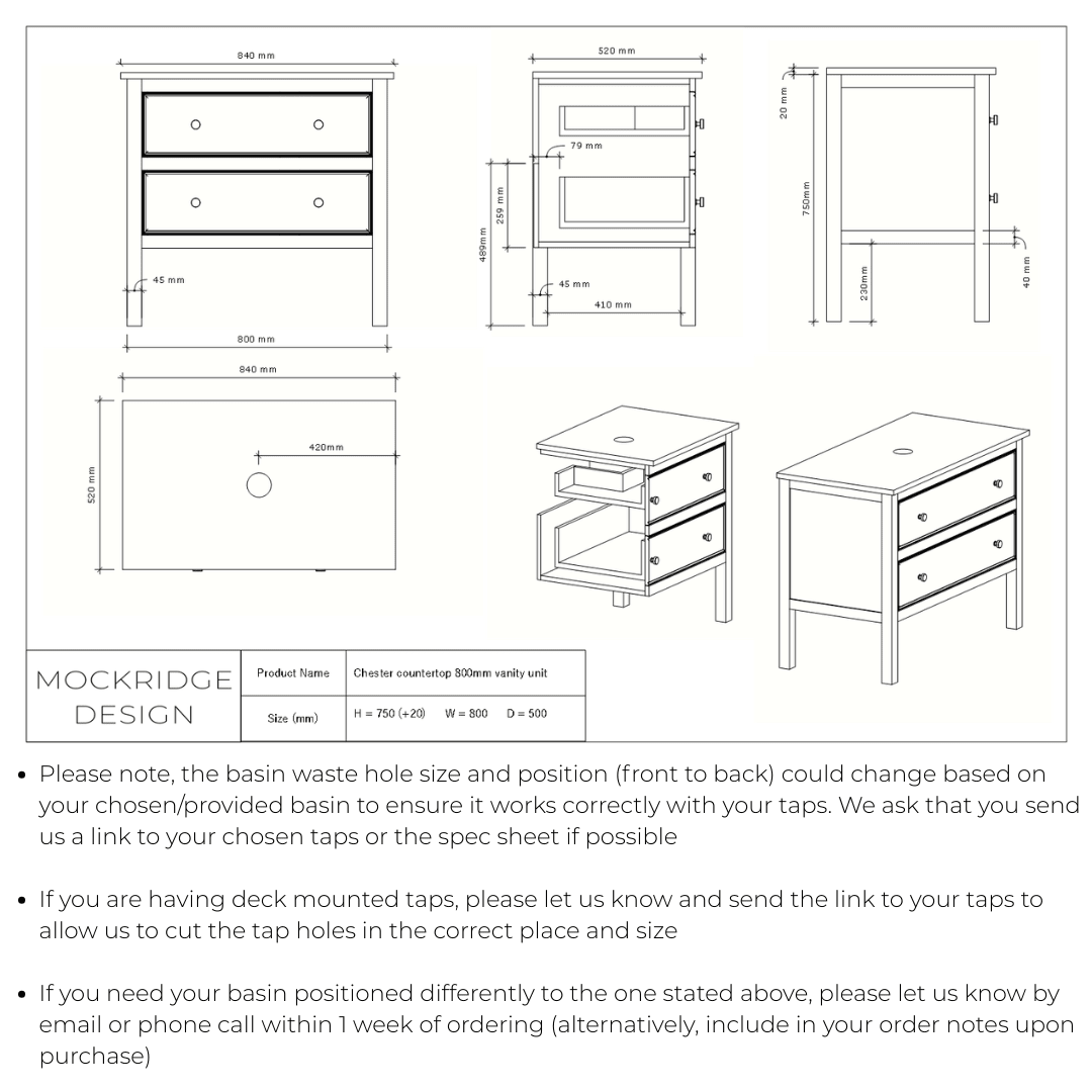 Technical dimensions drawing for The Chester | Painted Beaded Vanity 800mm Studio Green