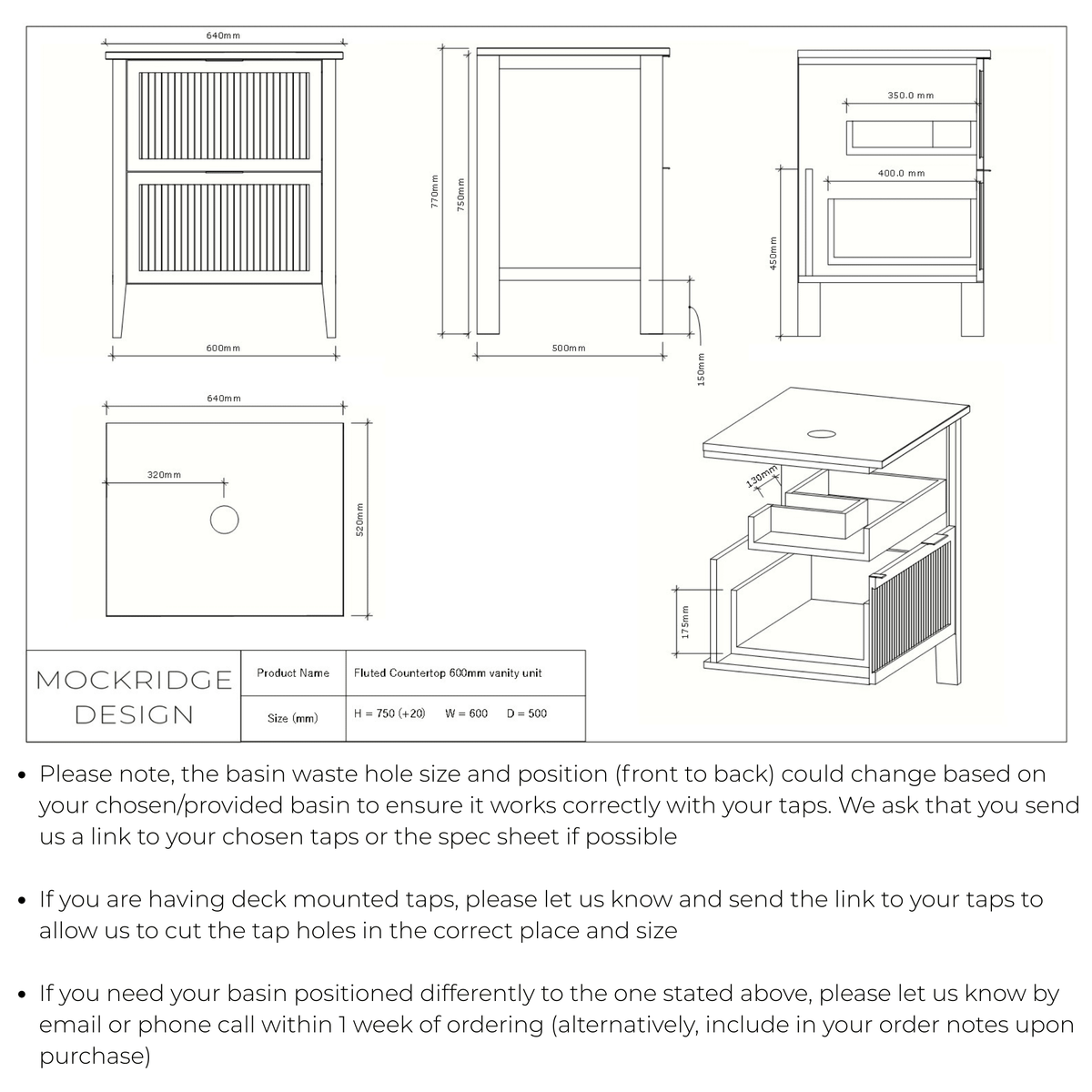 Technical dimensions drawing for The Clifton | Oak Fluted Vanity 600mm | Dark Roast