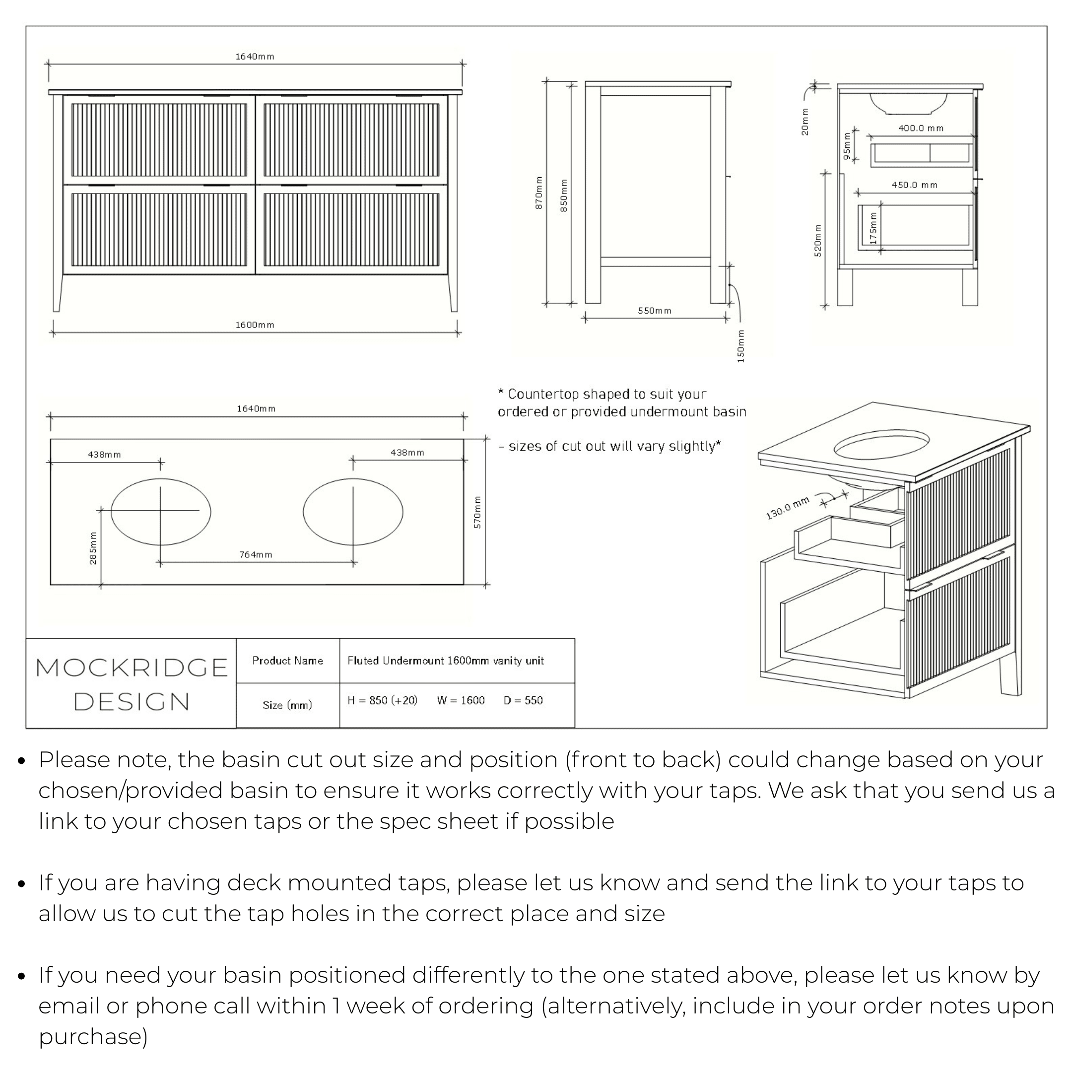 The Clifton | Undermounted | Painted Fluted Double Vanity 1600mm Railings - Mockridge Design