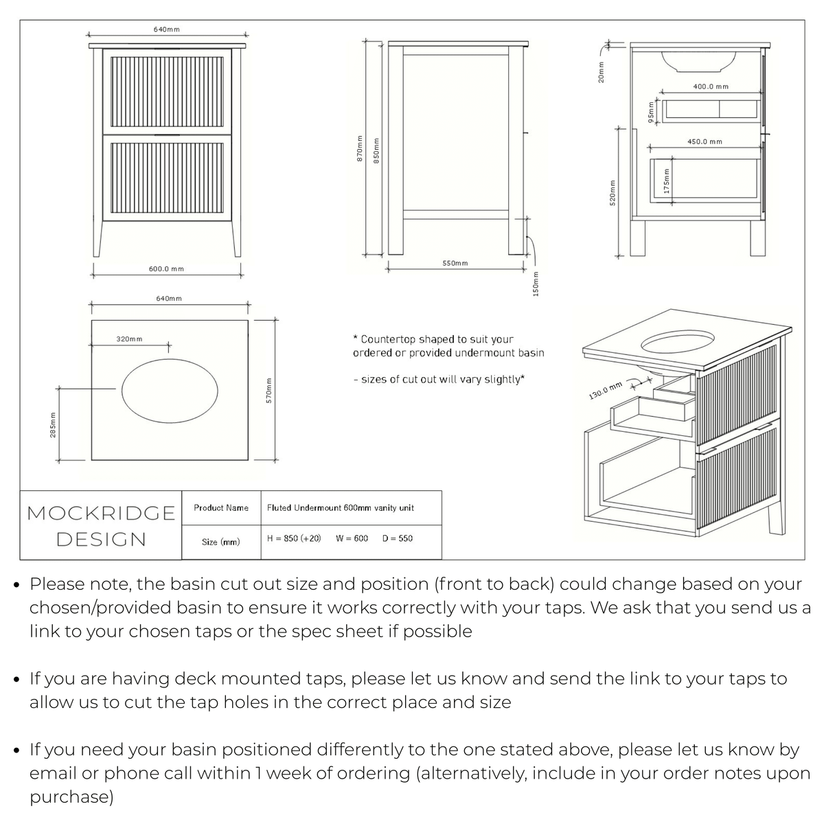 Technical dimensions drawing for The Clifton | Undermounted | Oak Fluted Vanity 600mm | Espresso