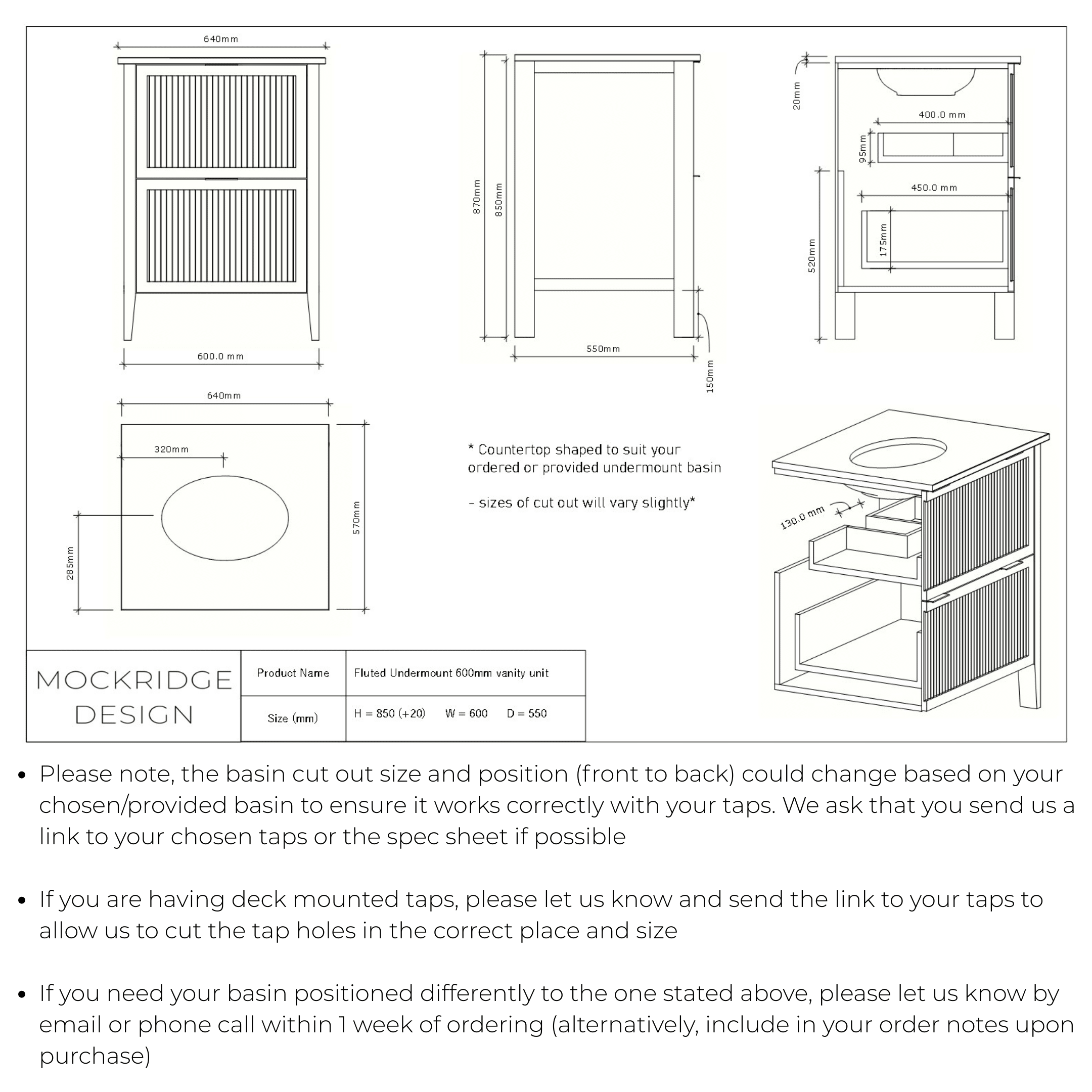 The Clifton | Undermounted | Painted Fluted Vanity 600mm Brinjal - Mockridge Design