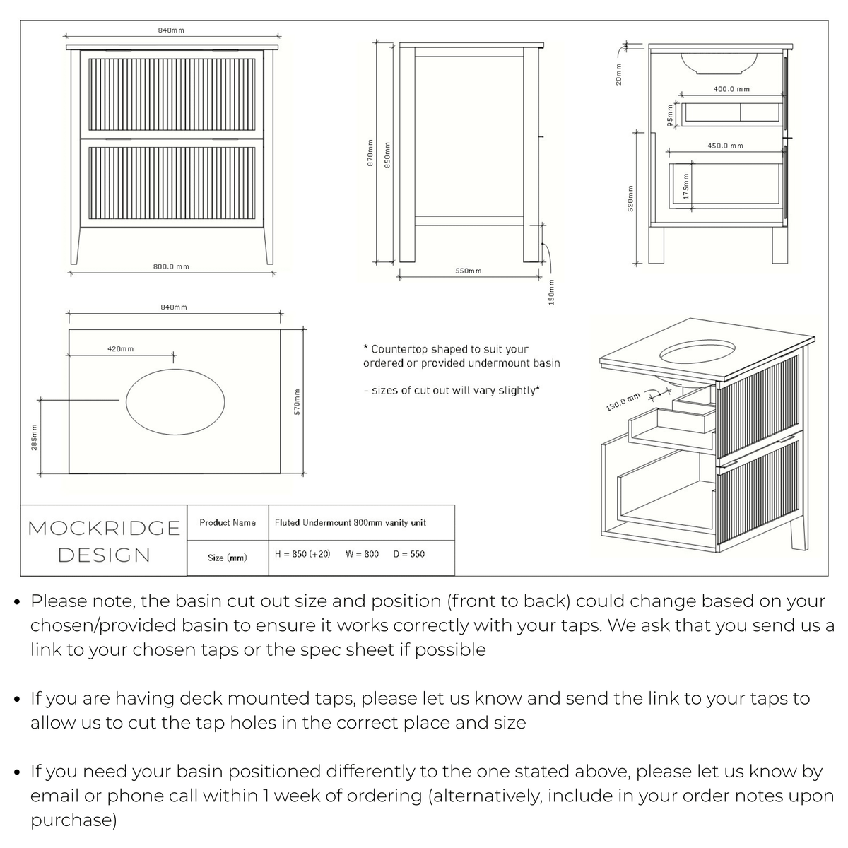 Technical dimensions drawing for The Clifton | Undermounted | Oak Fluted Vanity 800mm | Macchiato