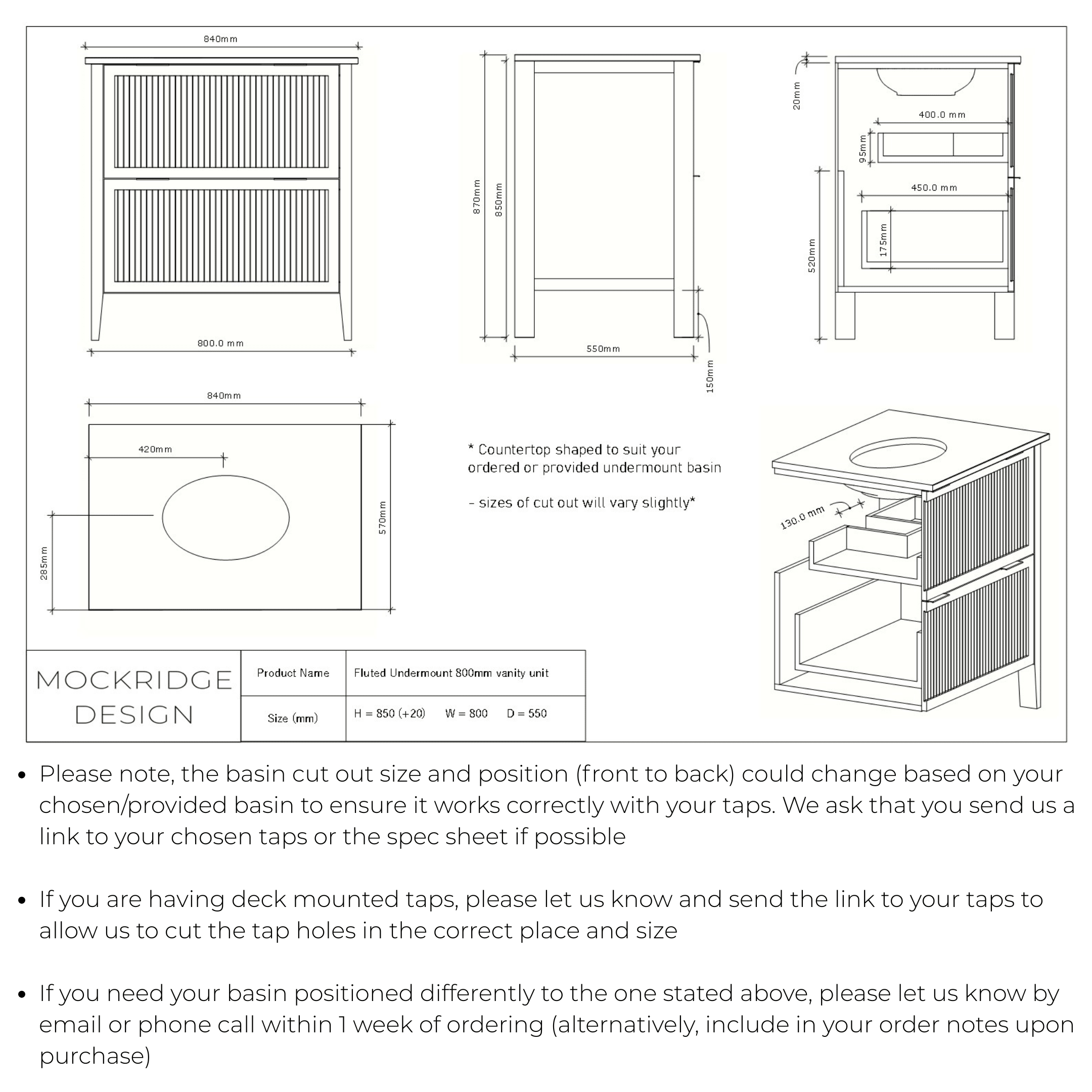 The Clifton | Undermounted | Painted Fluted Vanity 800mm Brinjal - Mockridge Design