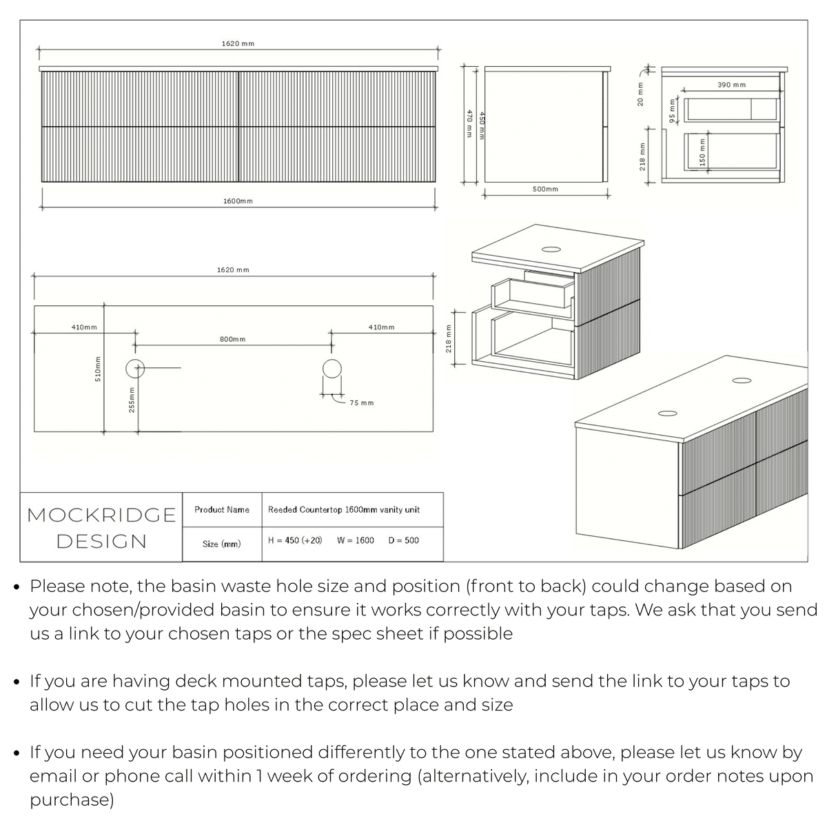 Technical dimensions drawing for The Reeded | Oak Double Vanity 1600mm | Macchiato