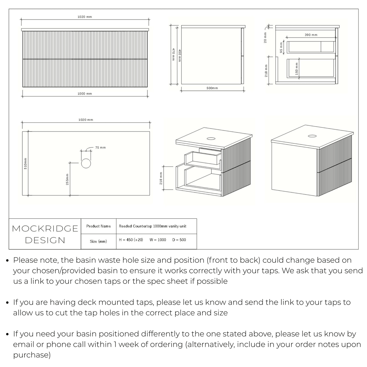 Technical dimensions drawing for The Reeded | Oak Vanity 1000mm | Chocolate