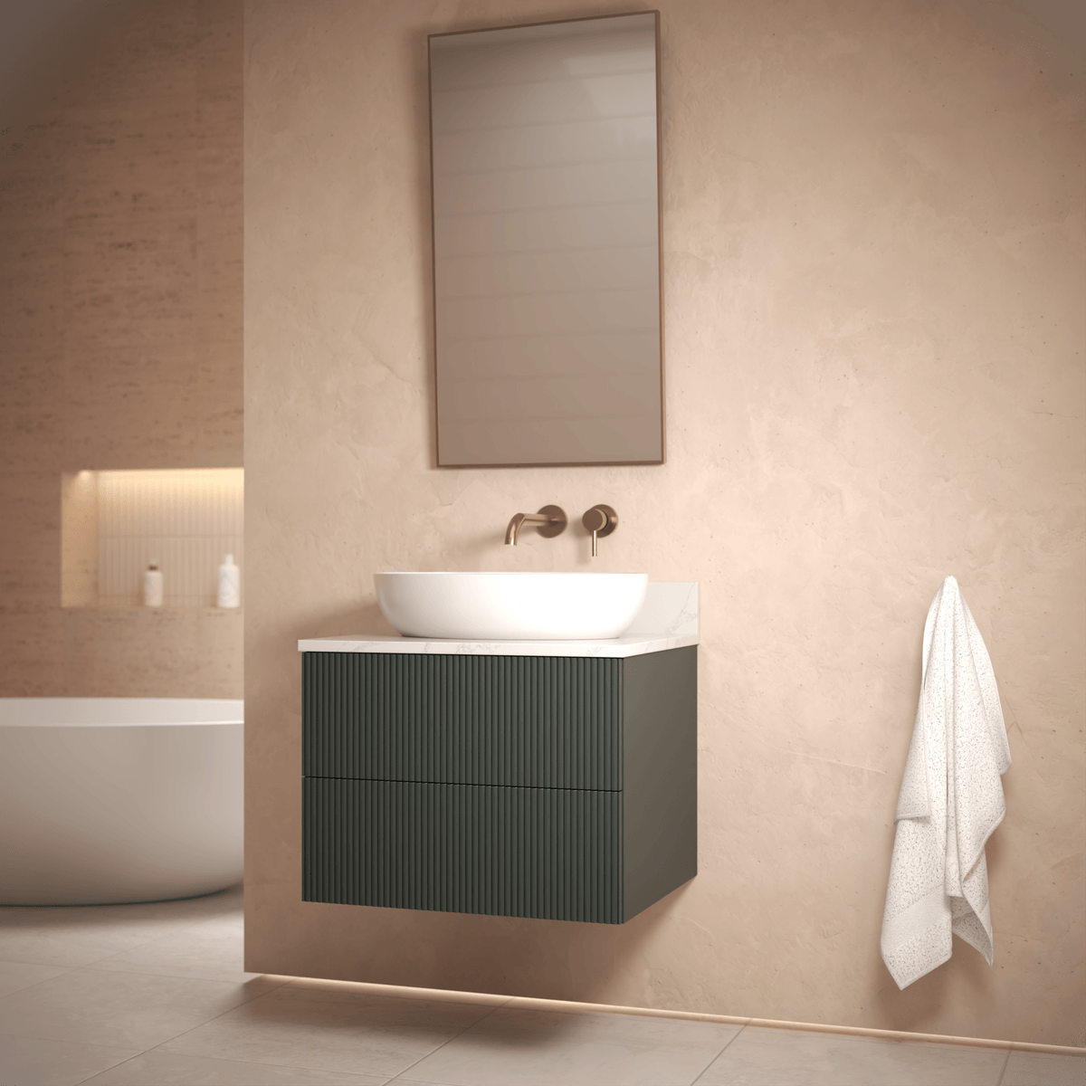 Technical dimensions drawing for The Reeded | Painted Vanity 600mm Studio Green