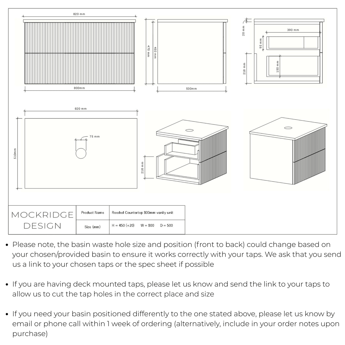 Technical dimensions drawing for The Reeded | Oak Vanity 800mm | Chocolate