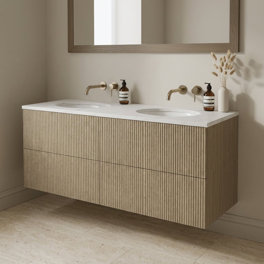 The Reeded | Undermounted | Oak Double Vanity 1400mm | Macchiato - Mockridge Design