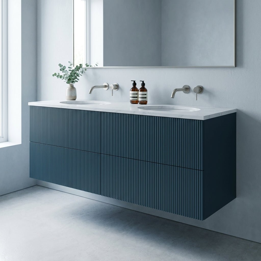 The Reeded | Undermounted | Painted Double Vanity 1400mm Stiffkey Blue - Mockridge Design