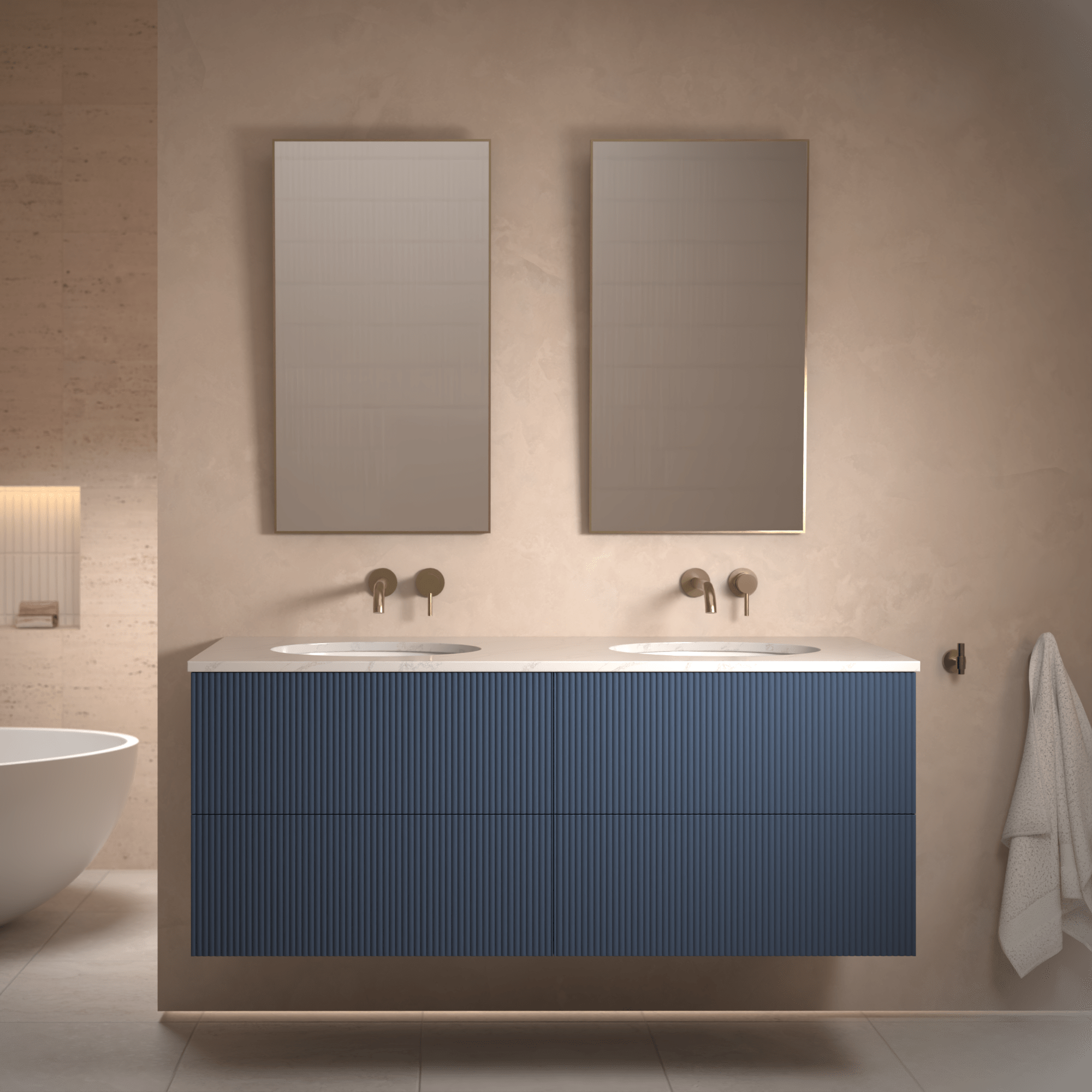 The Reeded | Undermounted | Painted Double Vanity 1400mm Stiffkey Blue - Mockridge Design