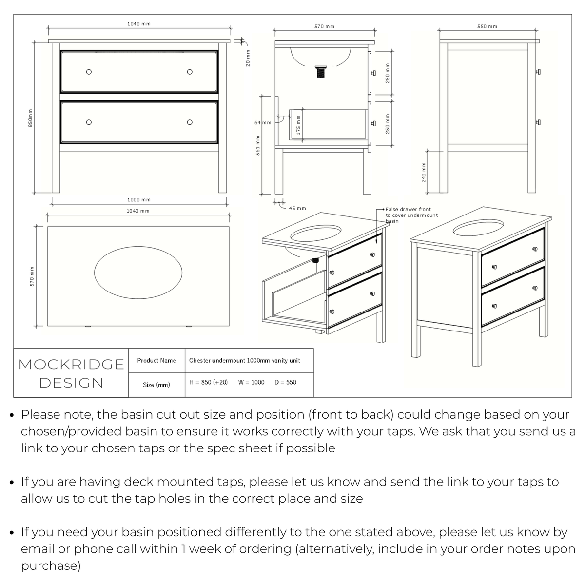 The Chester | Undermounted | Painted Beaded Vanity 1000mm Railings