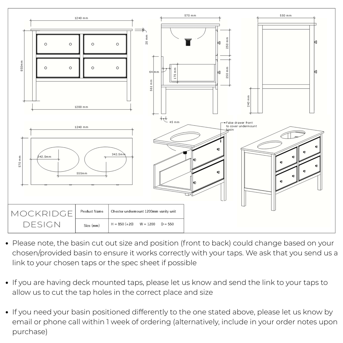 Technical dimensions drawing for The Chester | Undermounted | Painted Beaded Double Vanity 1200mm Railings