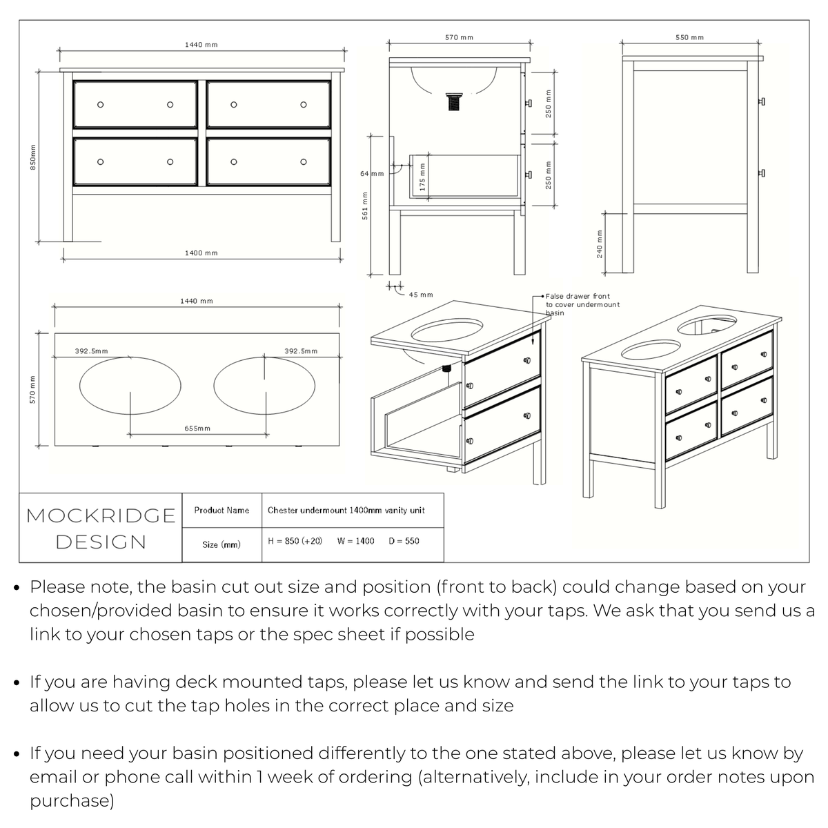 Technical dimensions drawing for The Chester | Undermounted | Painted Beaded Double Vanity 1400mm Railings