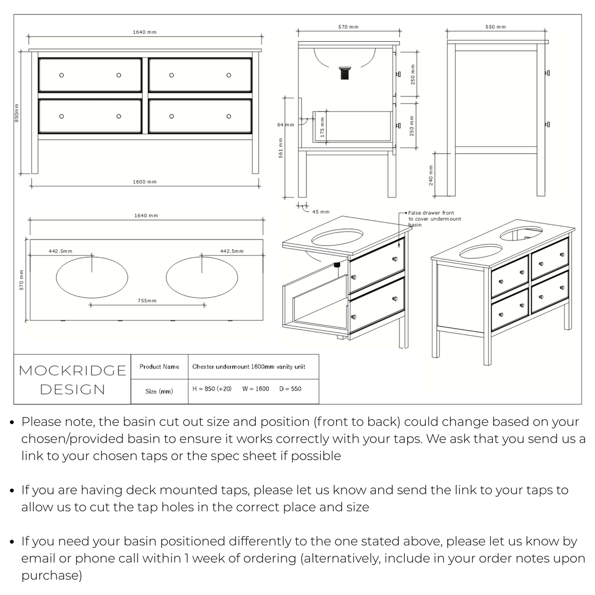 Technical dimensions drawing for The Chester | Undermounted | Painted Beaded Double Vanity 1600mm Railings