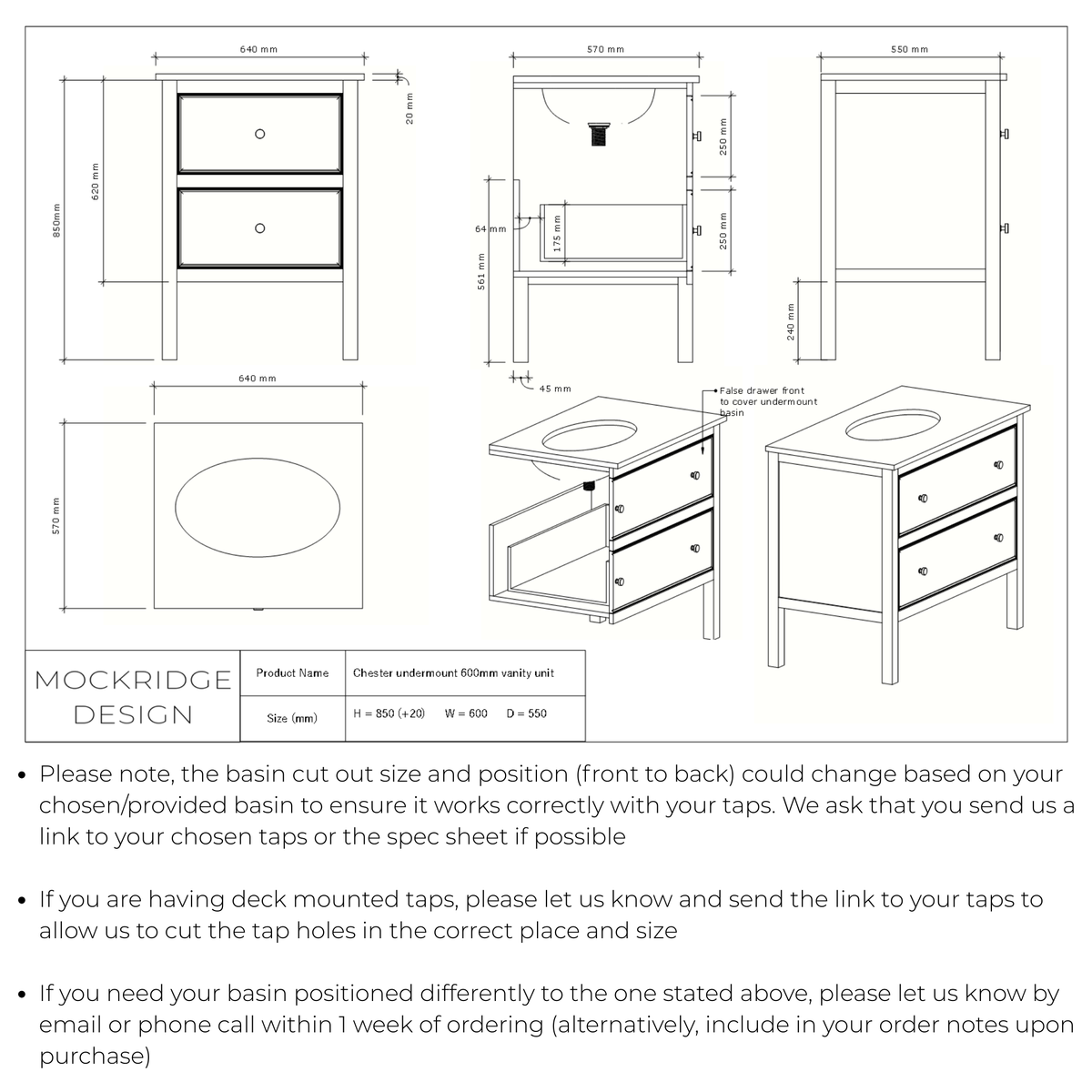 The Chester | Undermounted | Painted Beaded Vanity 600mm Railings