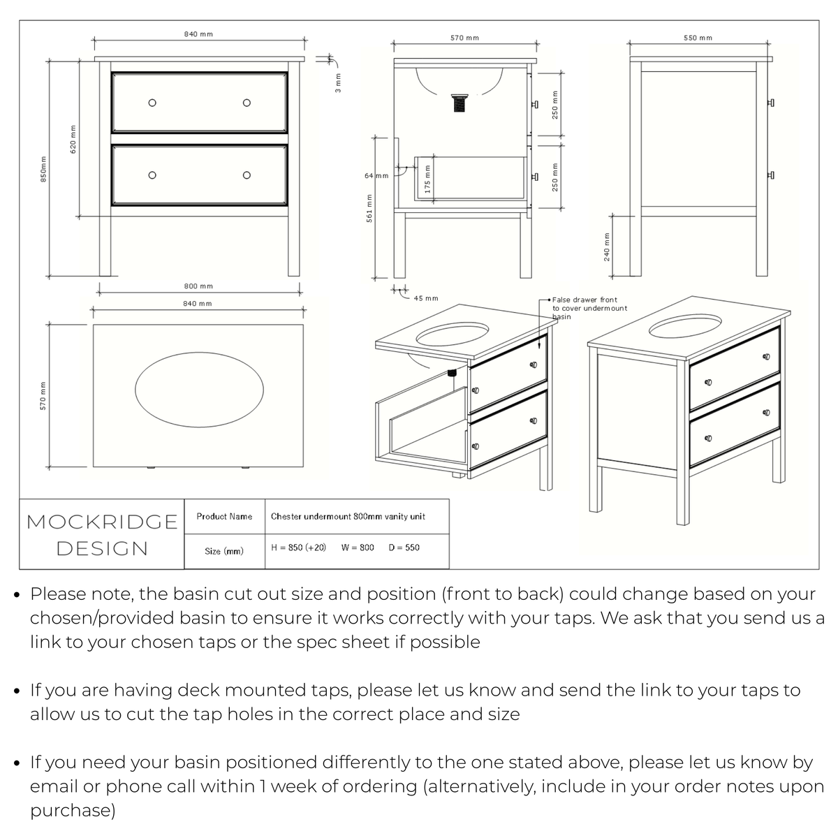 Technical dimensions drawing for The Chester | Undermounted | Painted Beaded Vanity 800mm Railings