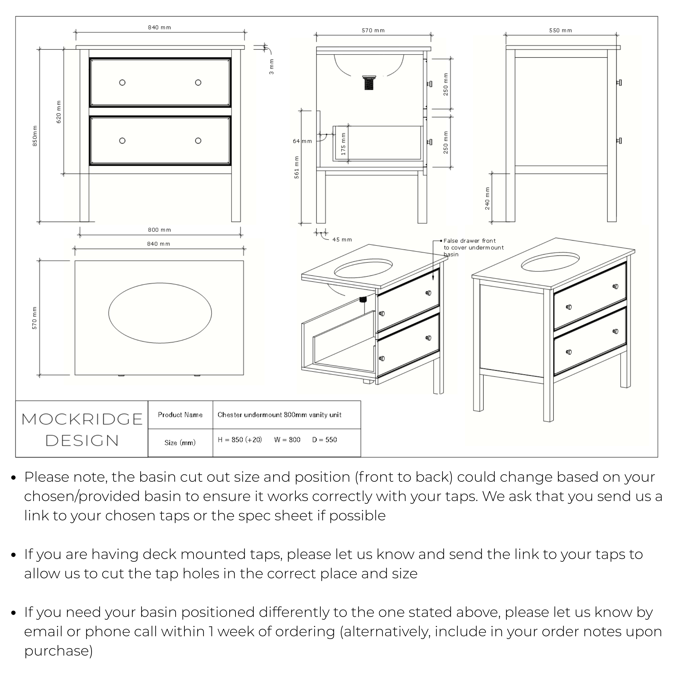 The Chester | Undermounted | Painted Beaded Vanity 800mm Railings