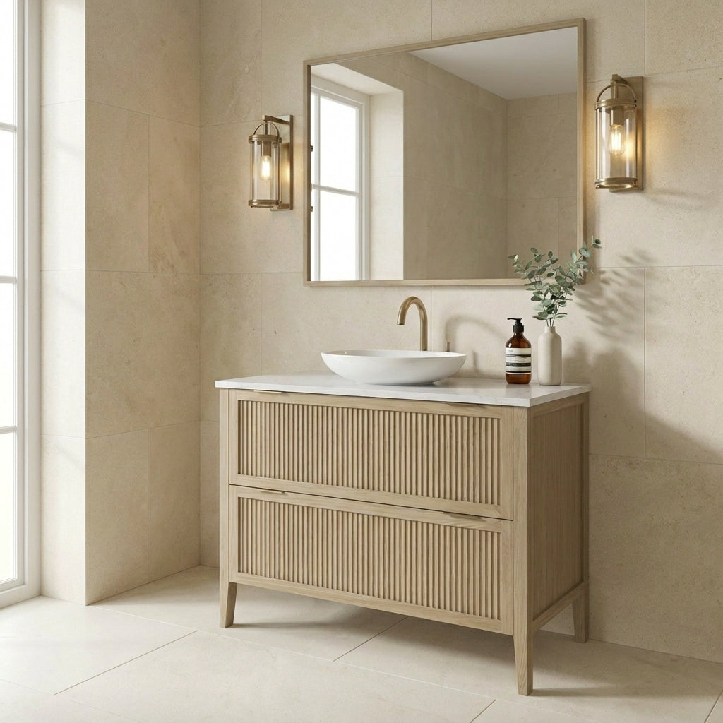 Mockridge Design Clifton 1000mm floor-standing single vanity in macchiato stained oak with soft milky-coffee tone and visible grain figuring across vertical fluted drawer fronts set within shaker frame borders, Calacatta quartz worktop, oval ceramic sit-on basin and brushed brass deck-mounted vessel mixer tap, styled in a calm contemporary English bathroom with warm cream limestone walls and pale honed limestone floor lit by diffuse ambient daylight
