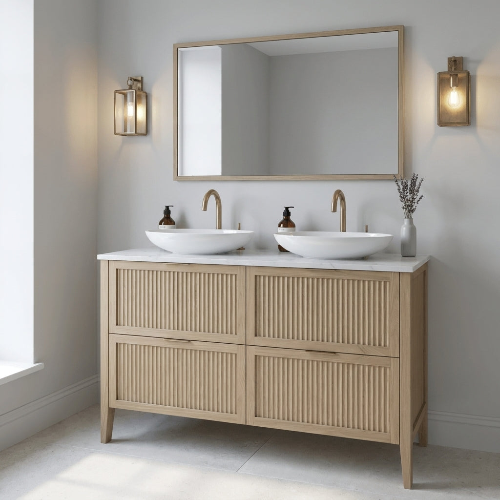 Mockridge Design Clifton 1200mm floor-standing double vanity in smoke 5% stained oak with warm mid-pale tone softened by a defining cool smoky wash revealing oak grain figuring across vertical fluted drawer fronts set within shaker frame borders, Calacatta quartz worktop, twin oval ceramic sit-on basins and twin brushed brass deck-mounted vessel mixer taps, styled in a calm contemporary English bathroom with soft pale dove-grey walls and pale honed limestone floor