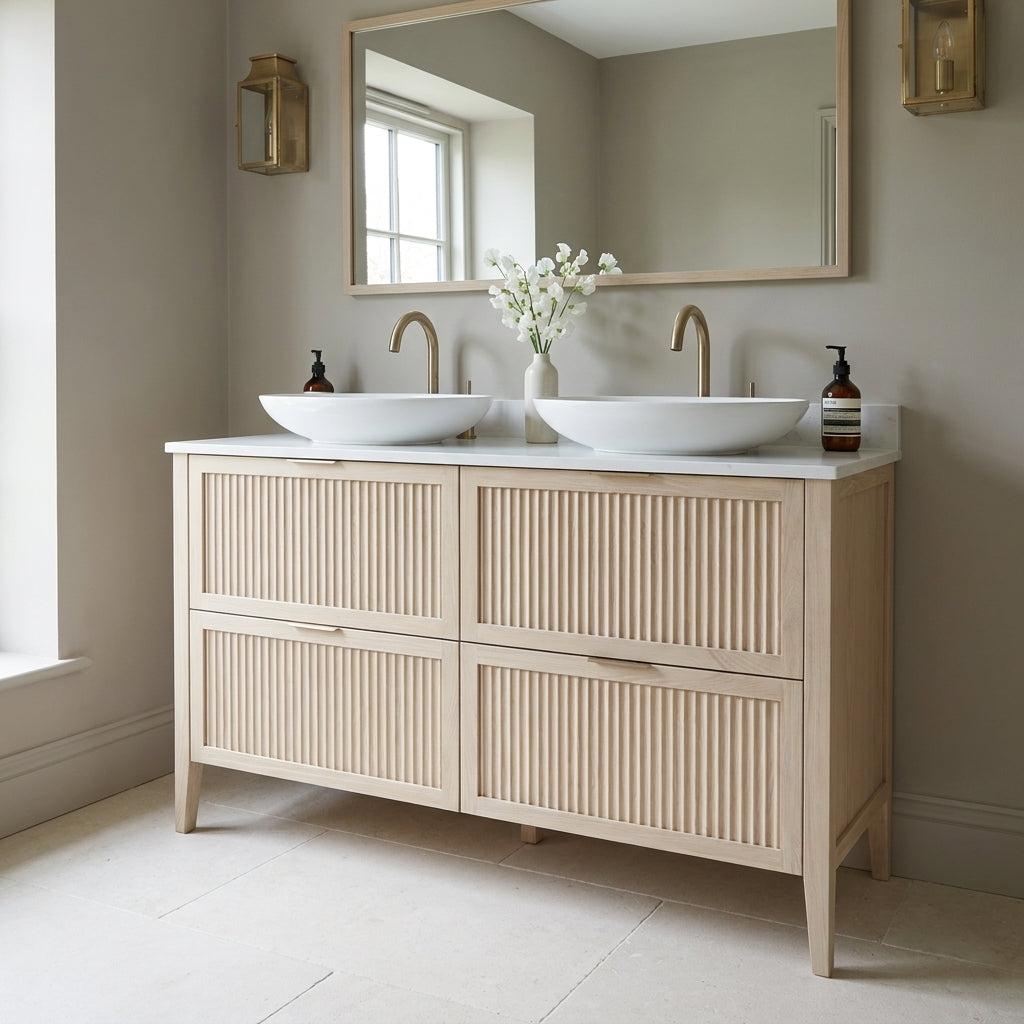 Mockridge Design Clifton 1200mm floor-standing double vanity in white stained oak with soft cream-blonde limed character and prominent vertical grain figuring across vertical fluted drawer fronts set within shaker frame borders, Calacatta quartz worktop, twin oval ceramic sit-on basins and twin brushed aged brass deck-mounted vessel mixer taps, styled in a tonally confident English bathroom with mid-greige painted chalky plaster walls and honed pale cream limestone floor