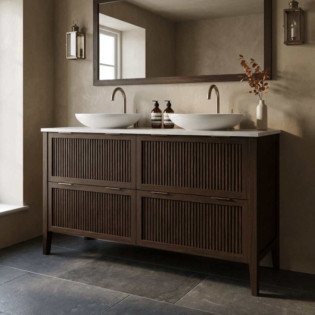 Mockridge Design Clifton 1400mm floor-standing double vanity in espresso stained oak with deep warm chocolate-brown grain figuring and vertical fluted drawer fronts set within shaker frame borders, Calacatta quartz worktop, twin oval ceramic sit-on basins and twin brushed antique brass deck-mounted vessel mixer taps, styled in an enveloping English bathroom with warm rich putty lime-washed plaster walls and honed dark grey limestone floor