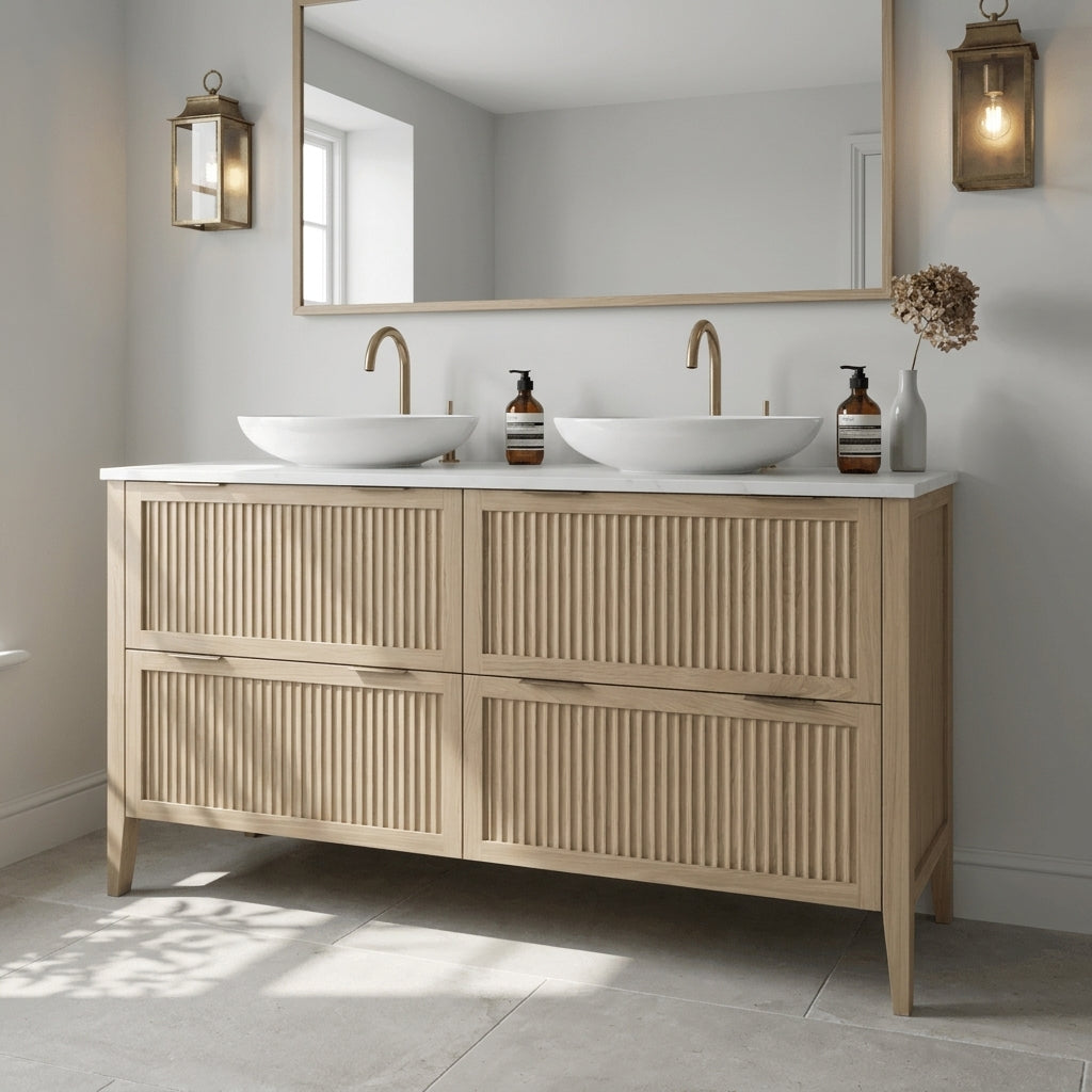 Mockridge Design Clifton 1400mm floor-standing double vanity in Smoke 5% stained oak with soft dusty ash-blonde grain figuring and vertical fluted drawer fronts set within shaker frame borders, Calacatta quartz worktop, twin oval ceramic sit-on basins and twin brushed brass deck-mounted vessel mixer taps, styled in a contemplative country English bathroom with pale dove grey walls and honed English limestone floor