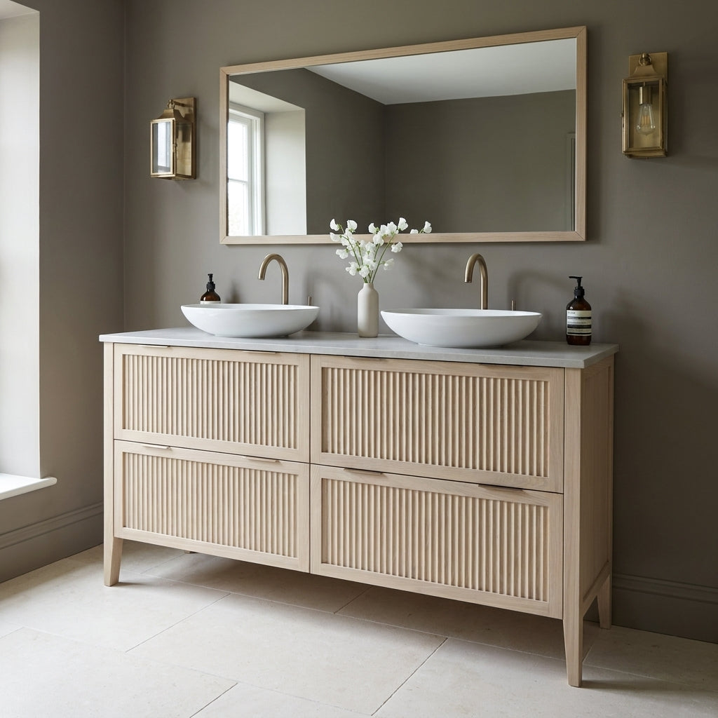Mockridge Design Clifton 1400mm floor-standing double vanity in white stained oak with soft cream-blonde limed character and prominent vertical grain figuring across vertical fluted drawer fronts set within shaker frame borders, Calacatta quartz worktop, twin oval ceramic sit-on basins and twin brushed aged brass deck-mounted vessel mixer taps, styled in a tonally confident English bathroom with mid-greige painted chalky plaster walls and honed pale cream limestone floor